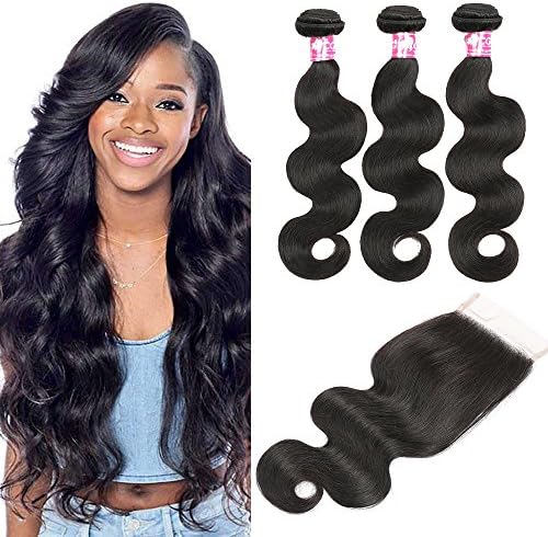 CGG 10A Brazilian Hair with Lace Closure Unprocessed Brazilian Body Wave Human Hair 3 Bundles and 4x4 Free Part Lace Closure Natural Black Can be Dyed (16" 18" 20"+14" Free Part)