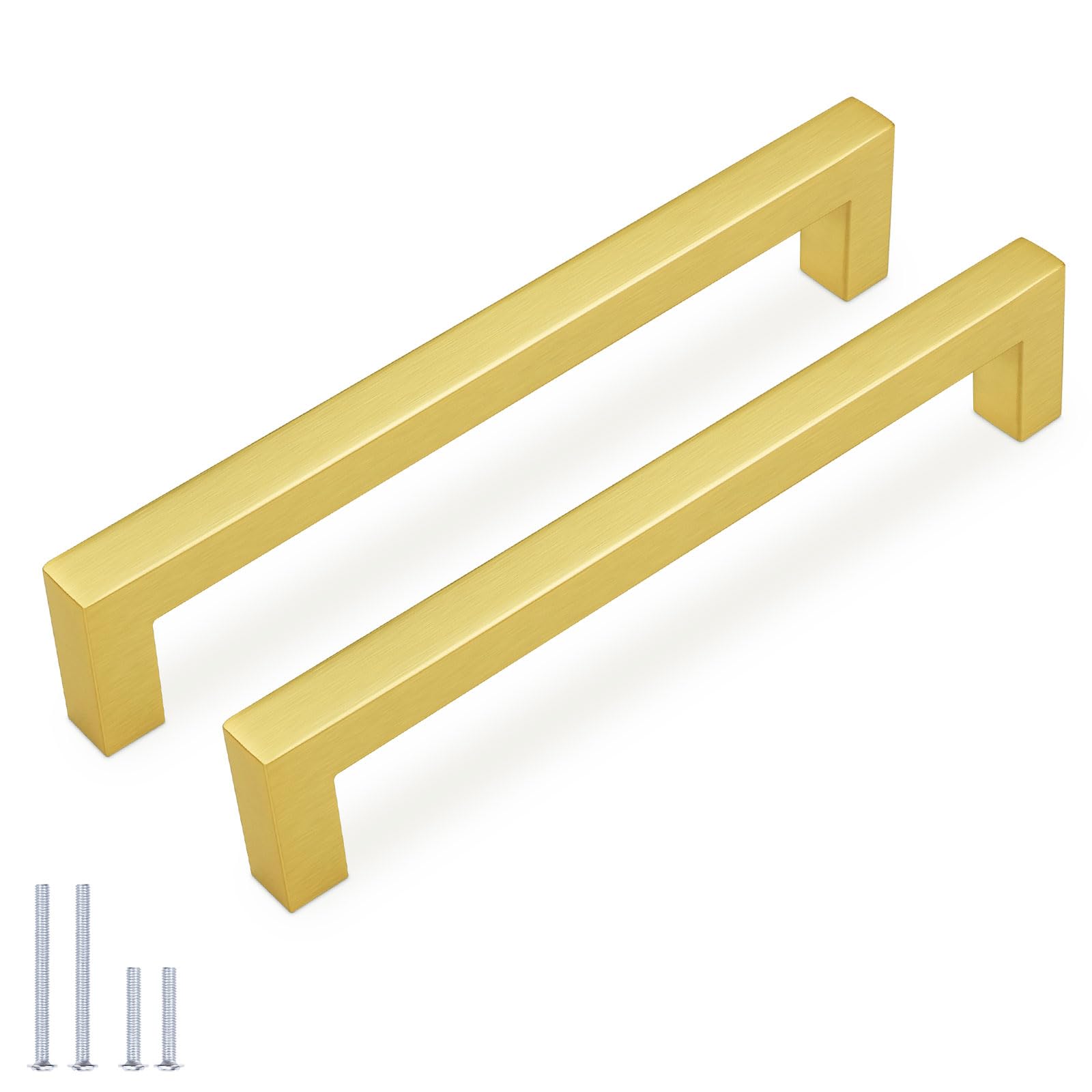 KNOBWELL 12Pack 6-3/10 Inch Brushed Gold Cabinet Pulls Stainless Steel Kitchen Cabinet Handles Square Drawer Pulls Modern Cabinet Hardware Handles，160mm Hole Centers Image