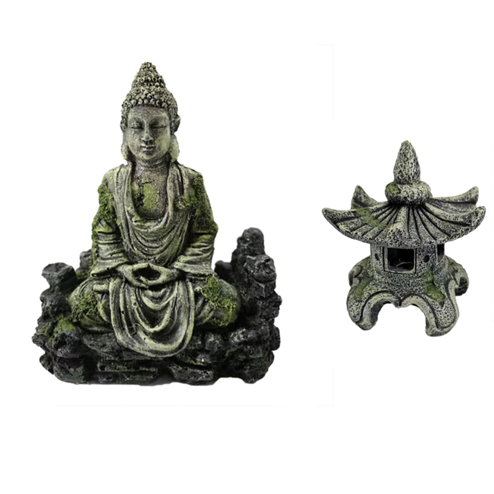 CiCixixi Resin Buddha Statue Decoration with Lighthouse Lantern, Aquarium Decor Accessories, Green, Statue, 14 x 7 x 17.5 cm