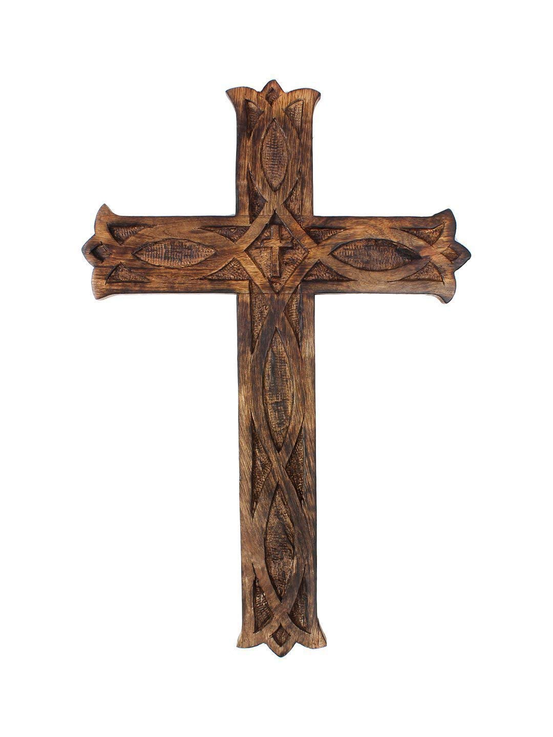 Ajuny Wooden Handmade Wall Cross Decorative Brown Franch Design Burnt Finish Church Christan Wall Mounted Wood Catholic for Home office Church Decor Religious Gifts