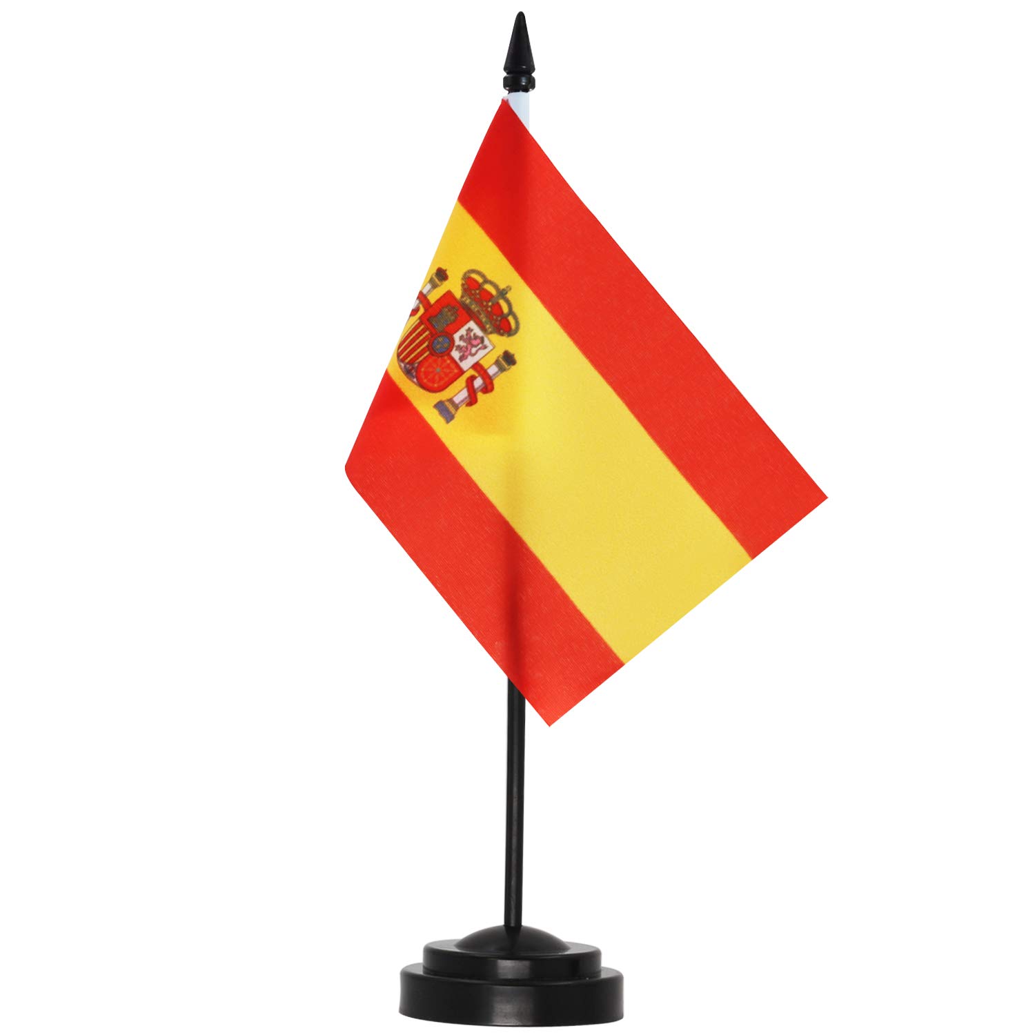 ANLEY Spain Deluxe Desk Flag Set - 6 x 4 Inch Miniature Spanish Desktop Flag with 12" Solid Pole - Vivid Color and Fade Resistant - Black Base and Spear Top