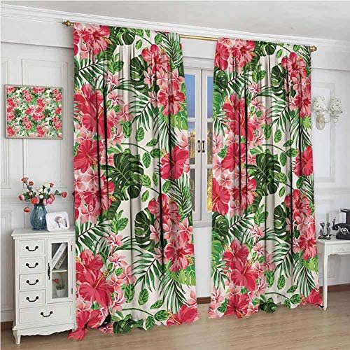 Soundproof Curtain W120 x L108 Inch,Modern Farmhouse Country Curtains,Floral,Tropical Botanic Flowers Leaves Ivy Island Hawaiian Image,Dark Coral Hunter Green Jade Green