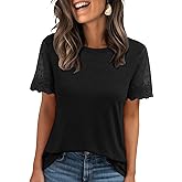 Joywayco Women's Round Neck Lace Sleeve T-Shirts Casual Summer Loose Fit Tops