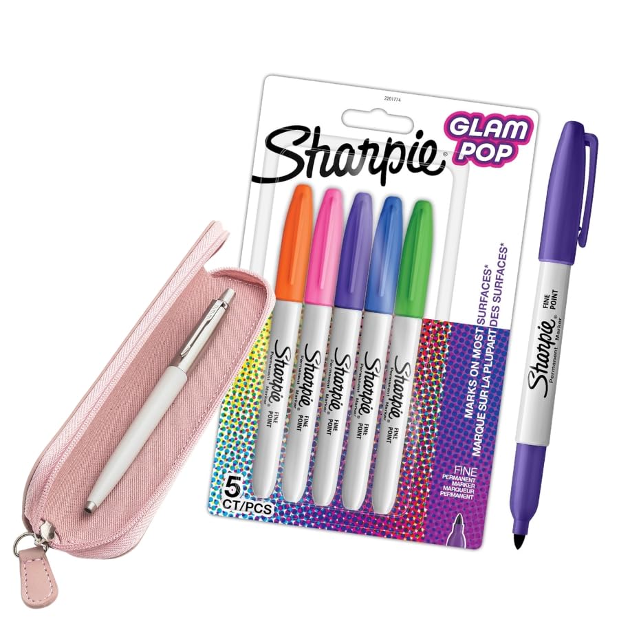 Sharpie A set of school supplies Permanentmarkers with Parker Jotter White Pen (Blue Ink) & Parker Pink Pen Case