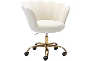 ZOBIDO Comfy Home Office Task Chair with Wheels, Cute Modern Upholstered Velvet Seashell Back Adjustable Swivel Vanity Desk Chair, for Women, for Kids, for Girls, Living Room, Bedroom (White)