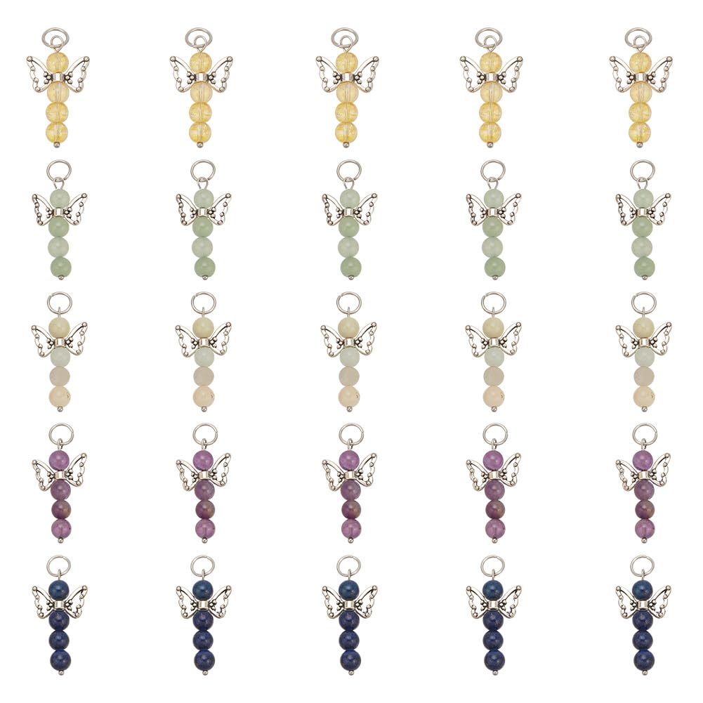 HOBBIESAY 25 Pcs Angel Wing Gemstone Charm 5 Colors Natural Stone Dangle Pendants Colorful Angel Pendant Pearl Beads for Necklace Bracelet Earring Keychain DIY Craft Jewelry Making