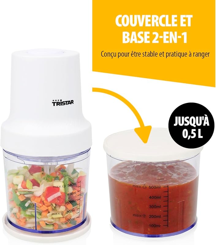 Hachoir Inox, Moteur 400W, 2 Vitesses avec Turbo, 2 Lames Inox, Bol 0.5L, Design Compact, Pièces Amovibles Lavables au Lave-Vaisselle, BL-4023