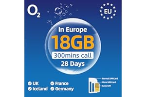 GIFFGISS Prepaid Europe SIM Card - 18GB High Traffic Card, O₂ International Sim Card for 28 Days,UK SIM Card Support Hot spot for iPhone/Android Mobile Device