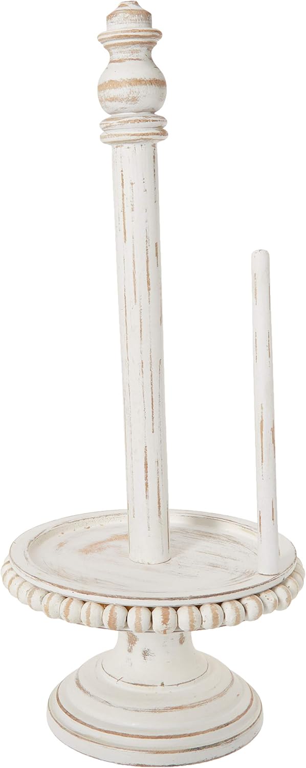 Mud Pie Farmhouse Washed Beaded Wood Pedestal Paper Towel Holder, 16" x 6" Dia, White, Grey