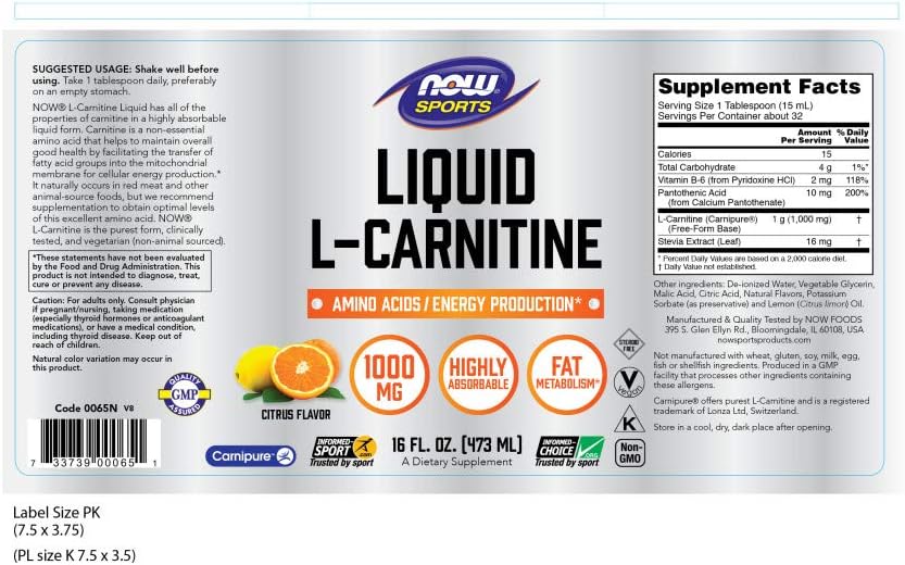 NOW Sports Nutrition, L-Carnitine Liquid 1000 mg, Highly Absorbable, Citrus, 16-Ounce: Health & Personal Care
