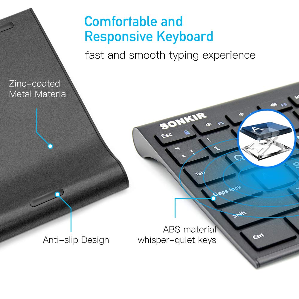 Keyboard Mouse, Sonkir K-18 2.4GHz Ultra Thin Rechargeable Aluminum Full Size Wireless Keyboard Mouse Combo for Windows, Laptop, PC, Notebook (Black)