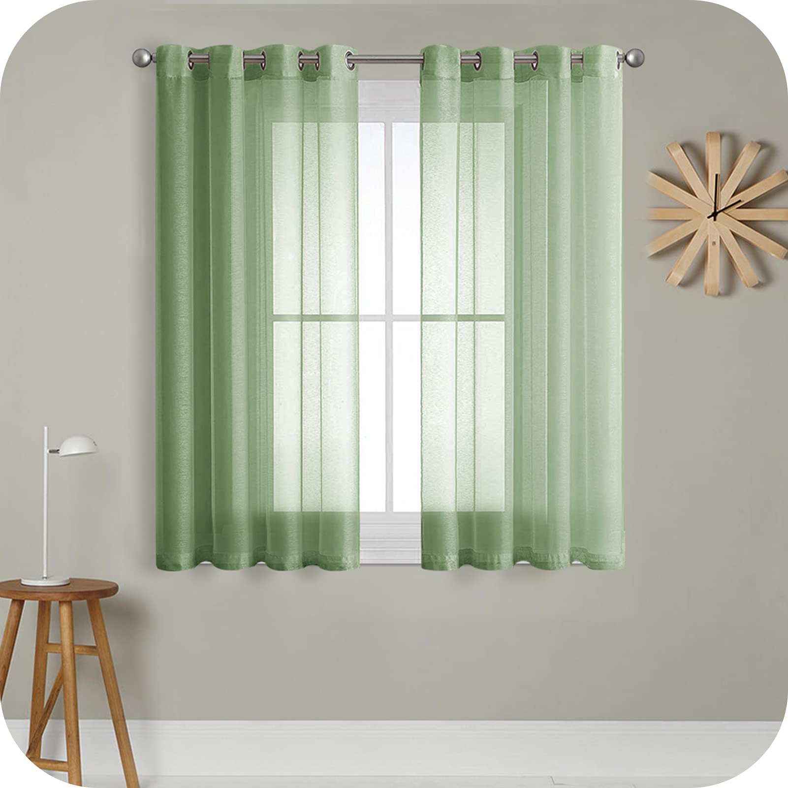 MRTREES Voile Sage Green Curtains 63 Inch Drop 2 Panels Faux Linen Eyelet Sheer Curtain Panel for Bedroom Living Room Patio Door 55x63 Inch Drop 140cm x 160cm