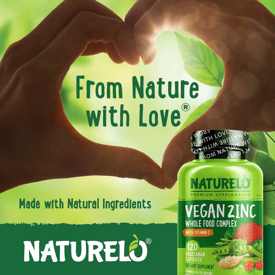 NATURELO Vegan Zinc Whole Food Complex Supplement with Vitamin C, 120 Capsules: Health & Personal Care