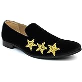 Slip On Mens Black Velvet Dress Loafers with Gold Or Silver Rhinestone Stars