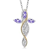 Cross Necklace For Women In 925 Silver and 10K Yellow Gold with Lab Grown Diamond and Blue Tanzanite | 1.31 Cttw | Jesus Christian Religious Crucifix | Marquise Cut 8X4MM | With 18 Inch Chain