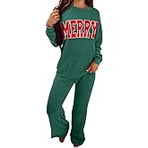 Whrounnk Women‘s 2 Piece Outfit Christmas Ribbed Knit Long Sleeve Letter JOLLY Top and Pockets Pants Set Matching Loungewear