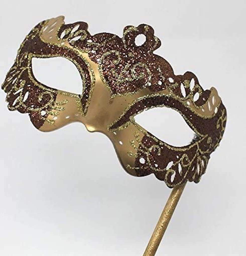 LADIES SPARKLING BROWN AND GOLD RIALTO VENETIAN MASQUERADE CARNIVAL PARTY EYE HAND HELD MASK ON A STICK