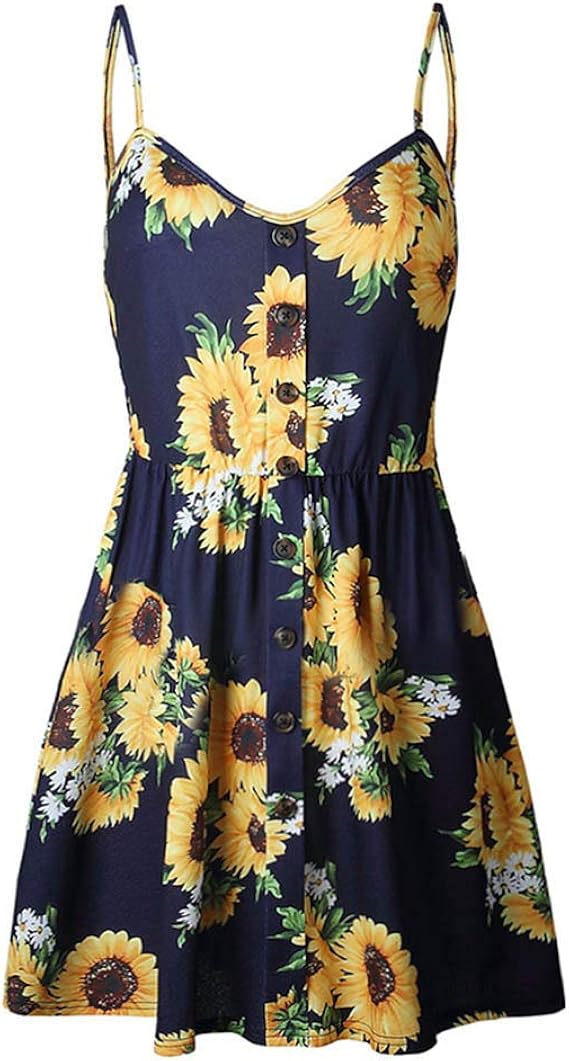女性 セクシー ワンピース ストラップドレス おしゃれ チュニック レディース パーティードレス フォーマルウェア 結婚式 Vネック ノースリーブ ひまわり柄 レディース ファッション トップス 夏 ワンピース チュニック 通販 Amazon