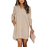 chouyatou Women's Casual Loose Fit Long Sleeve Solid Striped Button Down Shirts Dresses