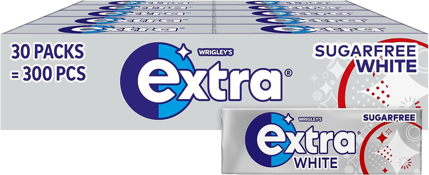Wrigley’s Extra White Sugar Free Chewing Gum Peppermint 30 x 10 Pieces – Bulk Chewing Gum Multipack with Xylitol, Fresh Breath, Teeth Whitening, Mint Gum for Work, Travel & Everyday Use