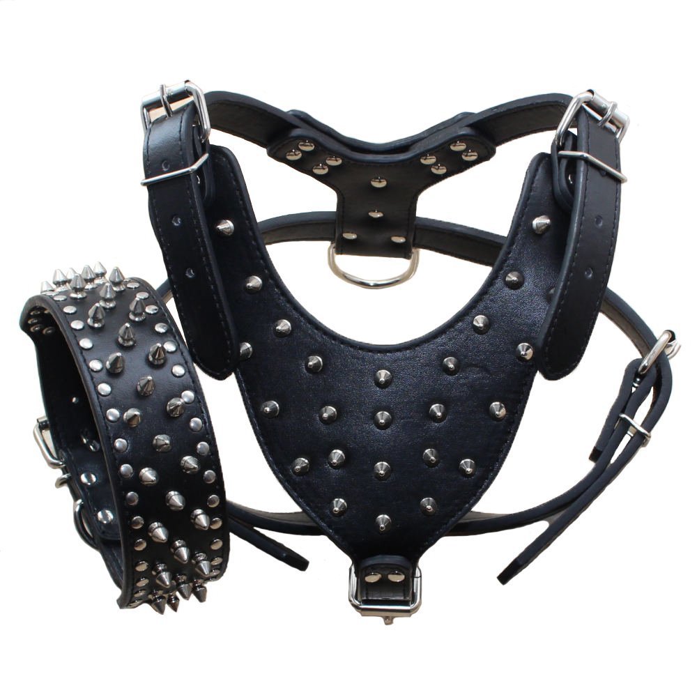 haoyueer Leather Spiked Studded Medium & Large Dog Collars, Harnesses 2Pcs Matching Set for Pit Bull,Mastiff, Boxer, Bull Terrier (L, Black)