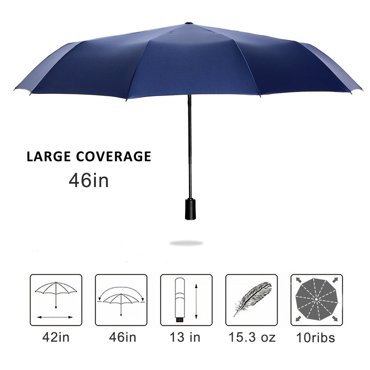 JB Large Windproof Compact Travel Rain Umbrella Auto Open Close for Men Women 10Ribs 46\