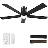 Autoday 52 Inch Low Profile Ceiling Fan with Light, Black Flush Mount Ceiling Fans with Lights and Remote, 6 Speeds Reversible Quiet DC, 3CCT Dimmable, Indoor Outdoor Ceiling Fans for Patios Bedroom