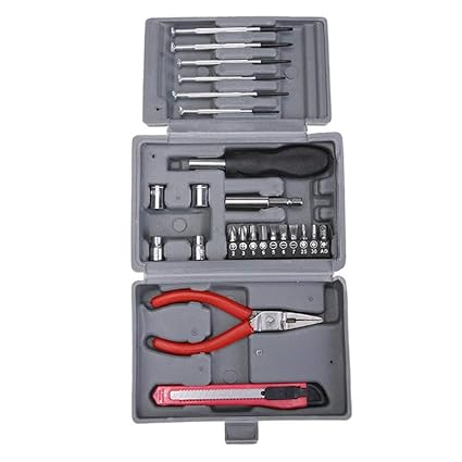 Hojo 24Pcs Toolbox Household Multifunctional Tool Set Knife pliers Wrench Socket Screwdriver kit Electronic Instruments Watch Computer Repair Plastic Toolrack