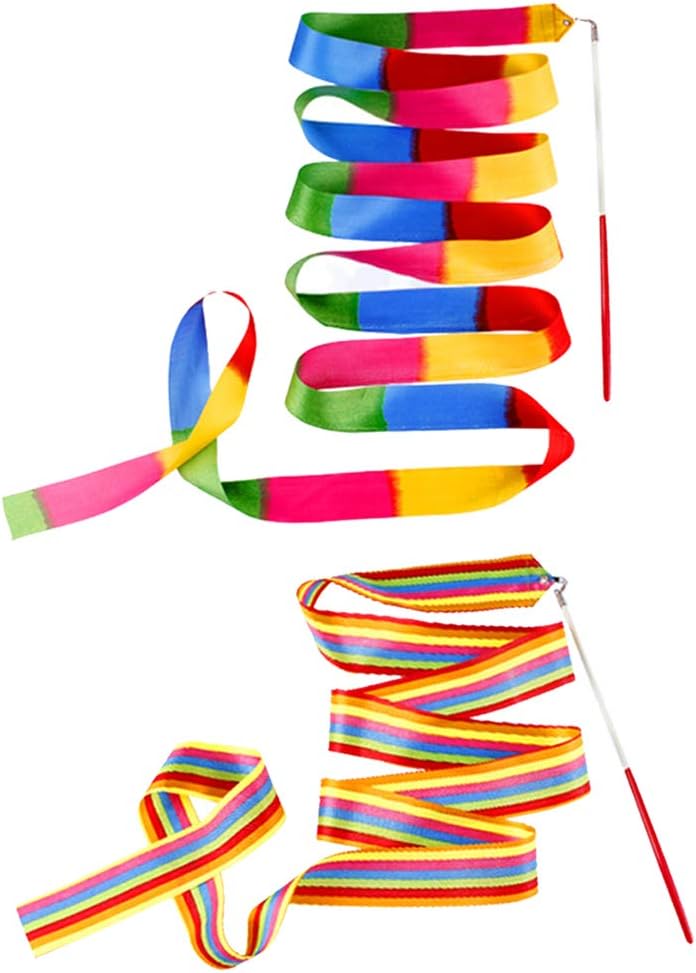 Ceqiny 2pcs Dance Ribbons with Wand 2 Meters Rhythmic Gymnastic Ribbon Rainbow Streamers Dance
