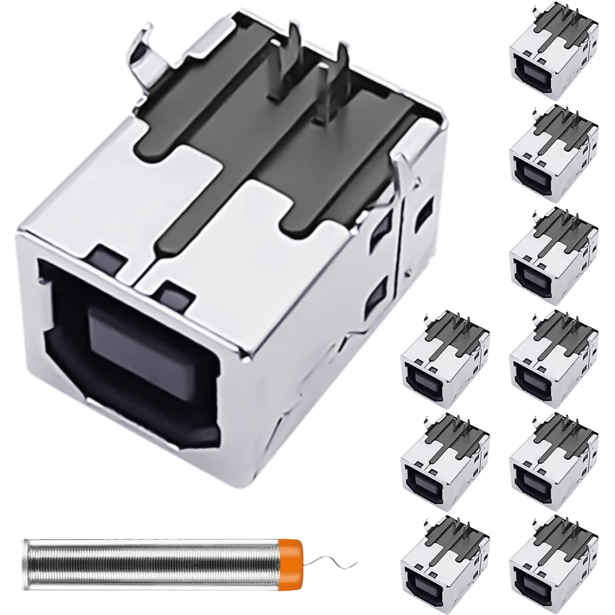 DAOKAI USB 2.0 Type-B Female Port Connector - 90 Degree Angle, 4-Pin Right Angle PCB DIP Jack Socket,Repair Replacement Adapter -10 Pack,with Tin Wire Pen