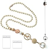 Disstong Wooden Beaded Lanyard for Women - Teacher Nurse ID Badge Holder - Retractable Breakaway Keychain for Keys