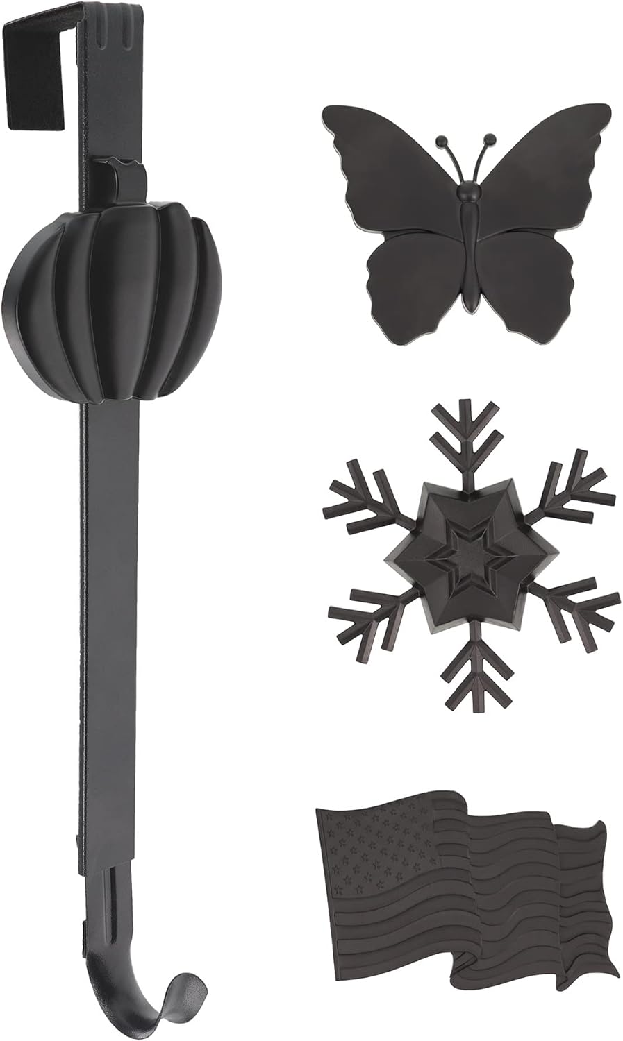 Wreath Hangers - Haute Decor Adjustable Length Wreath Hanger with Interchangeable Icons (4 Wreath Hangers in 1) (Matte Black-Flag/Snowflake/Butterfly/Pumpkin)