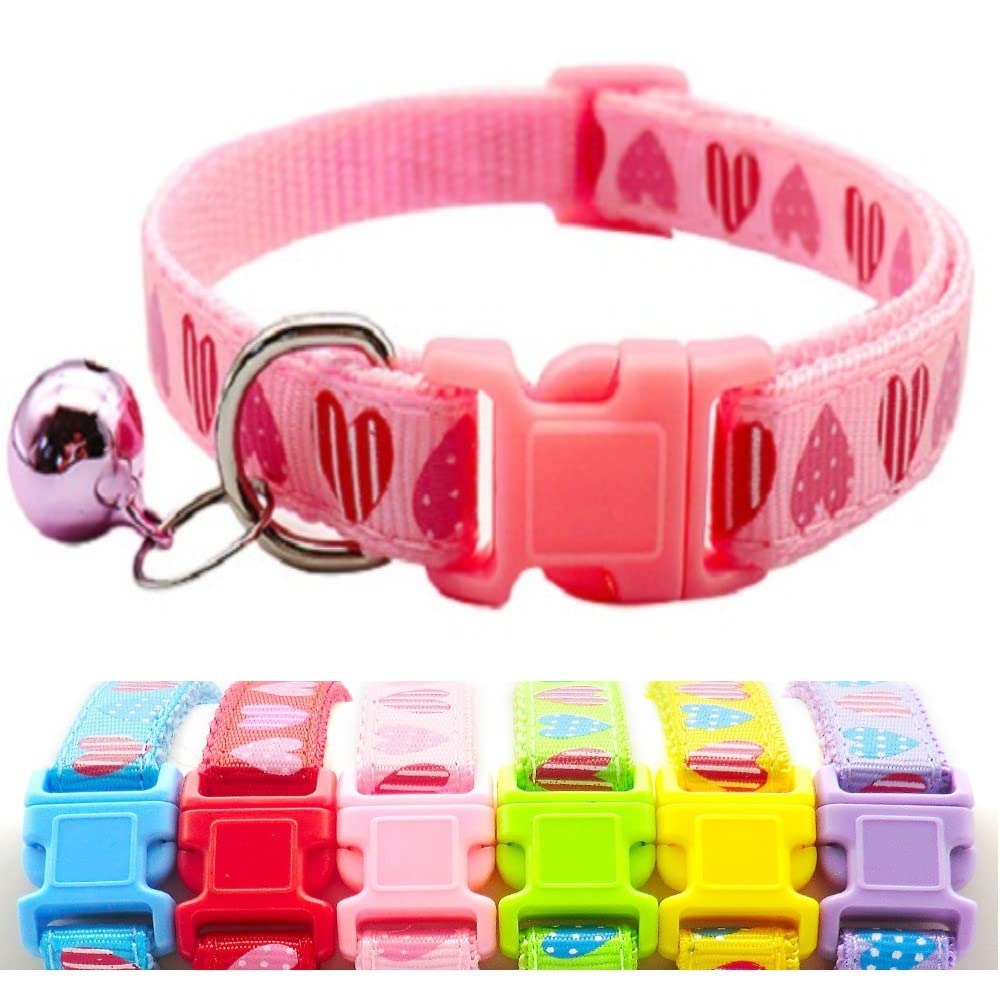 Small Dog Puppy Pet Collar Love Heart Design with Bell Nylon Adjustable Size 19-32cm Pink