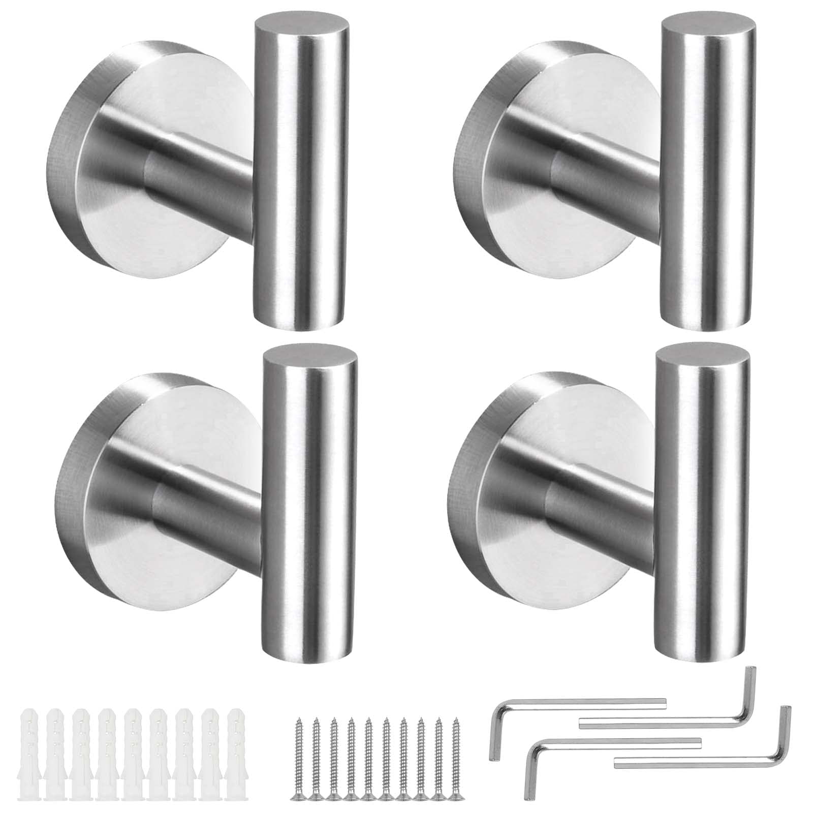 ProChosen 4 Pack Towel Hooks, Wall Coat Hook Bathroom Matte Sliver Robe Hook SUS 304 Stainless Steel Heavy Duty Door Hanger Clothes Cabinet Closet Sponges Hook Shower Robe Hand Hooks for Bathroom