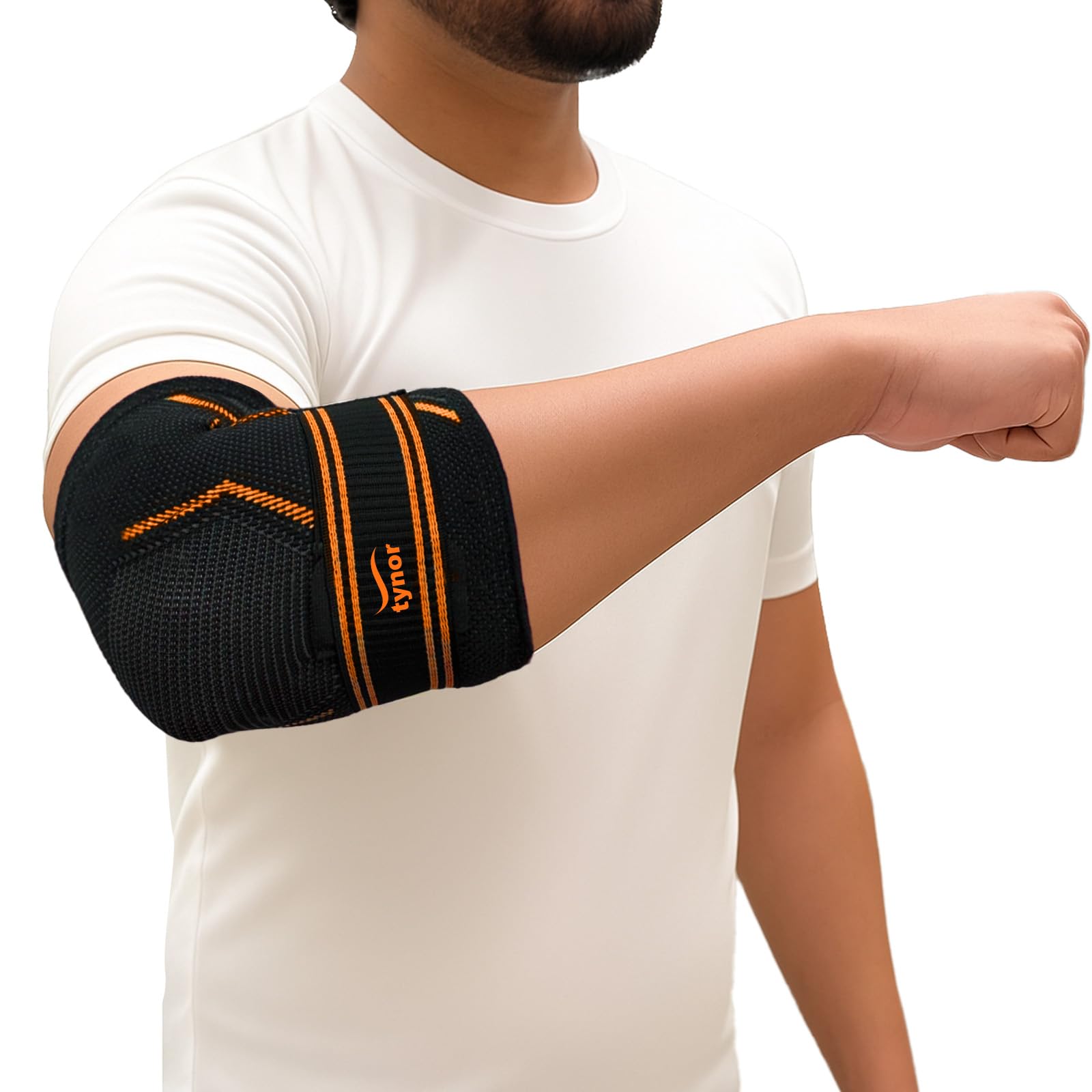 TYNOR Elbow Brace Compression Support for Women & Men - Elbow Support Sleeve for Elbow Treatment, Workouts, Weightlifting, Stretchable Straps for Perfect Fit, Black & Orange, Large, 1 Unit
