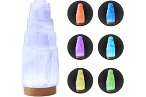 Wish Well Large Selenite Lamp with 7 Color LED Wooden Base - 8" Selenite Tower Healing Crystals for Zen Decor, Spiritual Room Decor, Energy Healing, and Protection