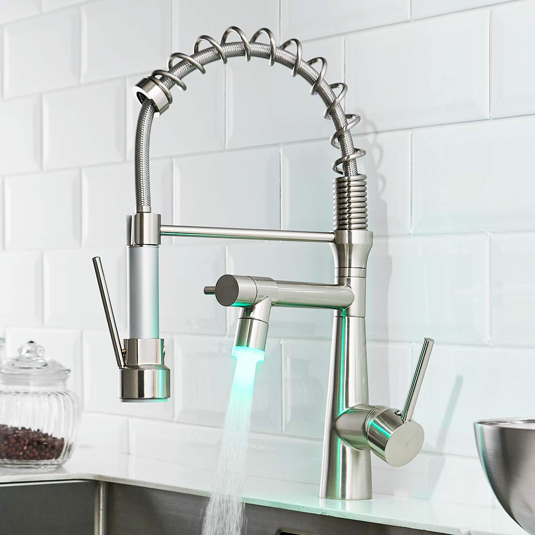TIMACO LED Kitchen Faucet with Spiral Spring, 360° Swivelling Sink Fittings with Two Spout, Kitchen and Shower Tap Extendible High Pressure Brushed Nickel