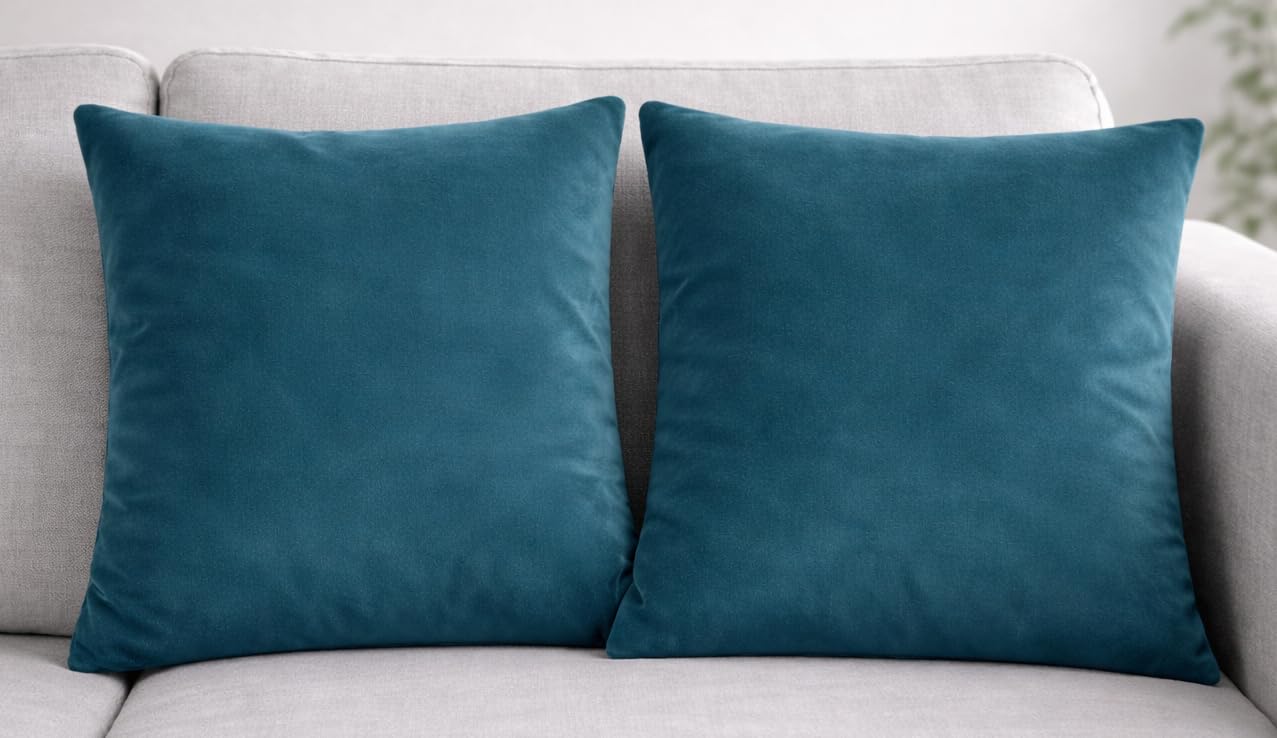 Seechoo Velvet Cushion Covers, Set of 2, 45cm x 45cm, 18x18 Inch, 17 Colours, Extra Soft Plush, Decorative, Invisible Zipper (Teal)