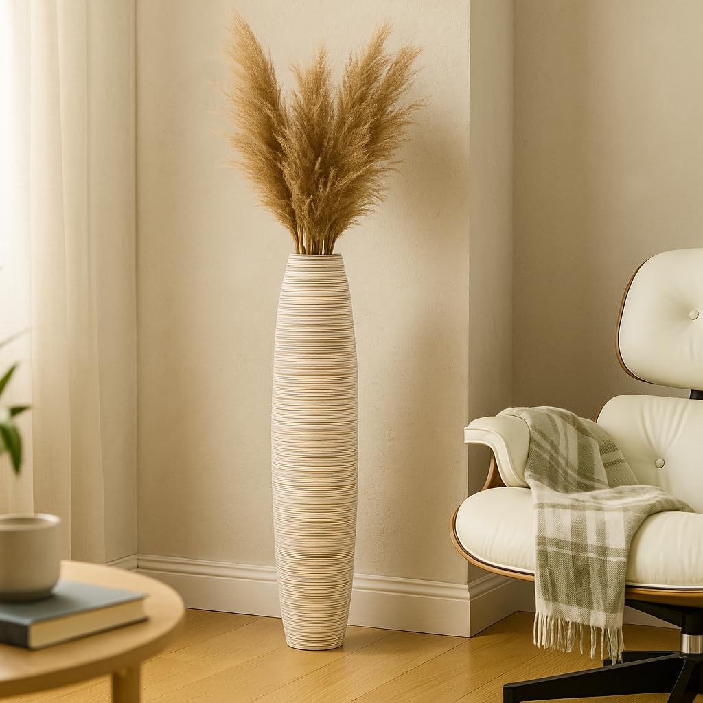 Leewadee Large White Home Decor Floor Vase - Wooden 65 cm Tall Farmhouse Decor Flower Holder For Fake Plant And Pampas Grass