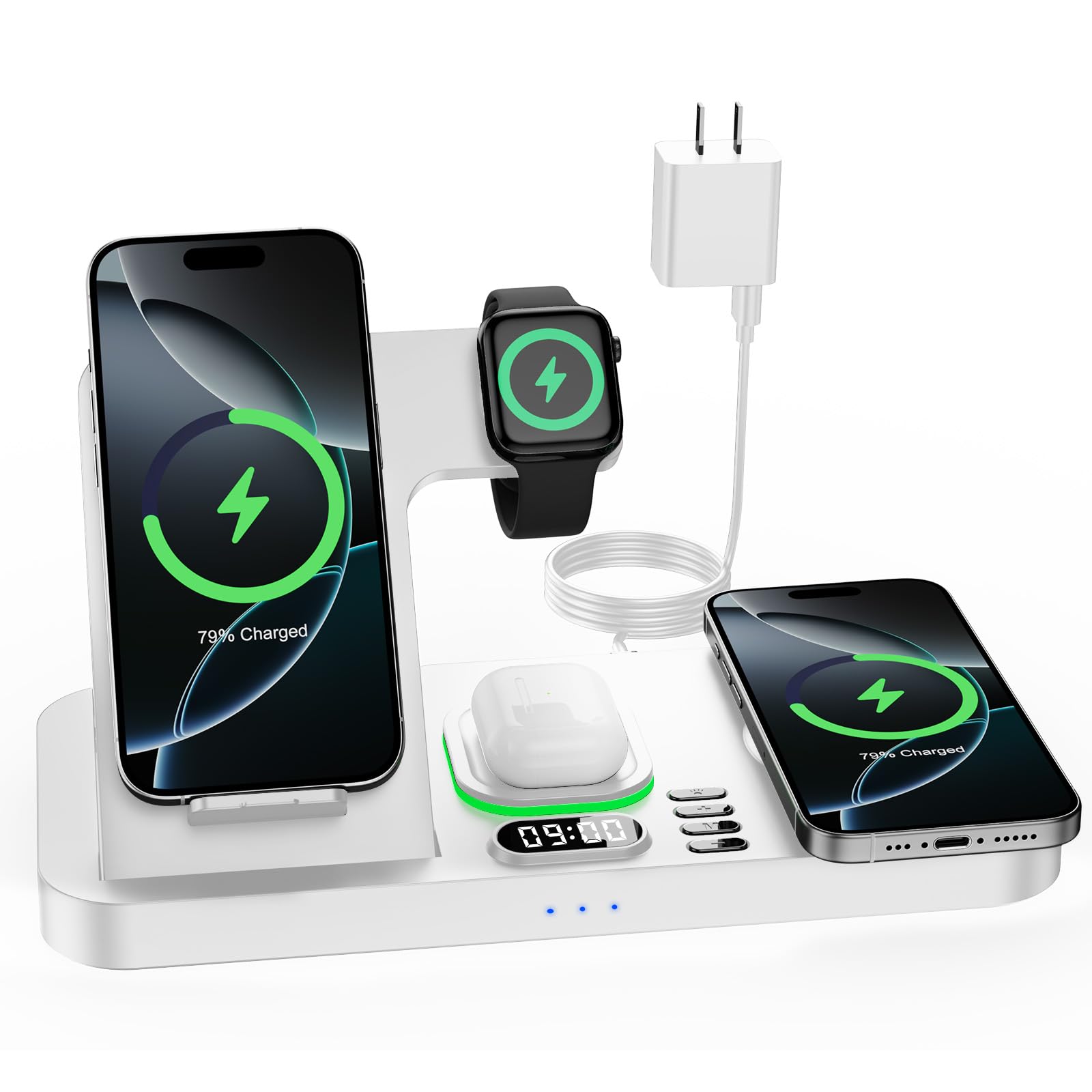 Photo 1 of Dual Phone Wireless Charging Station for Apple Devices, Magnetic Charging Station for iPhone with Auto Switch 7-Color Light&Clock, Family Wireless Charger for iPhone16 for iWatch10 for AirPods4(White