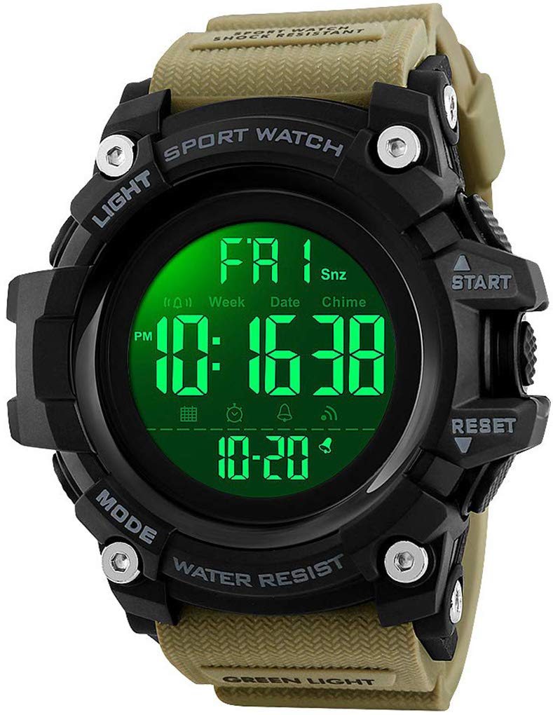 FANMIS Men's Digital Waterproof Sports Watch Military Multifunction Dual Time Stopwatch Alarm Backlight 50M Water Resistant Watch, Khaki, Digital