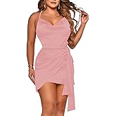Rooscier Women's Spaghetti Straps Satin Ruched Tie Waist Cowl Neck Party Mini Dress