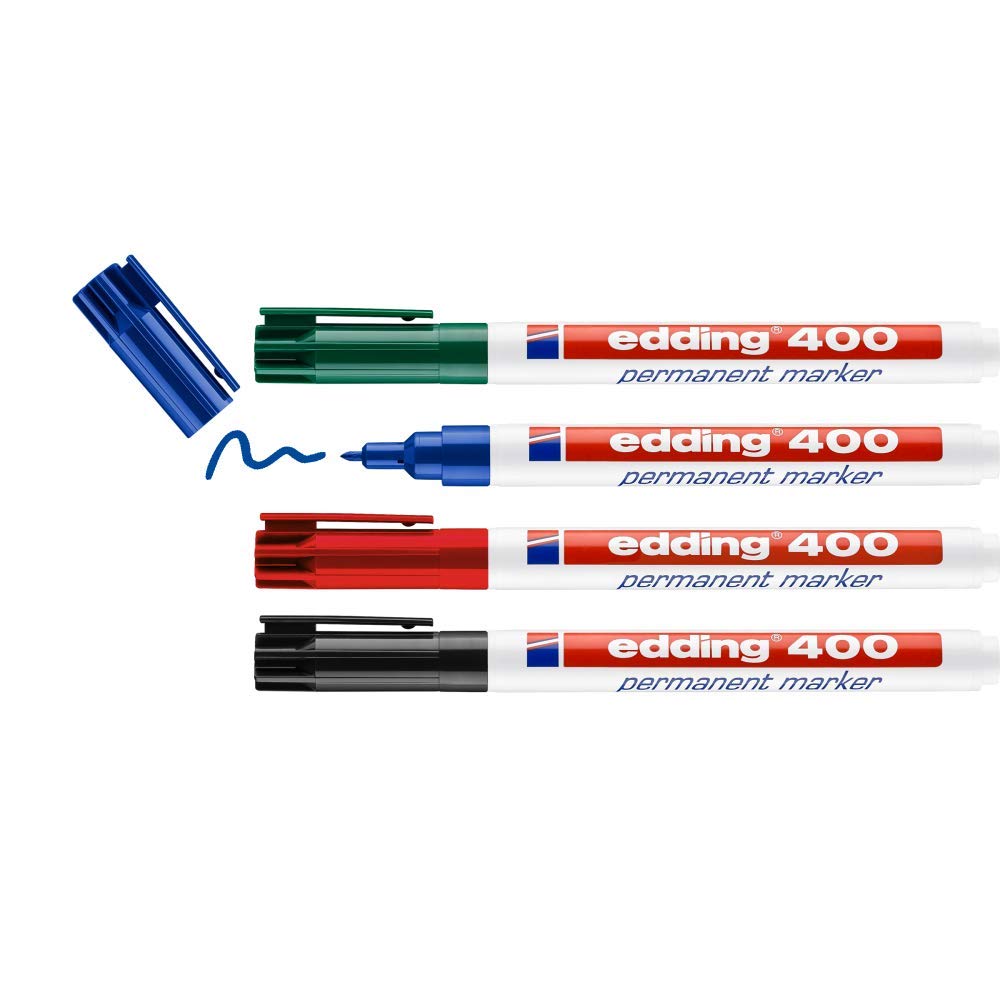 edding 400 permanent marker - black, red, blue, green - 4 pens - fine round nib 1 mm - waterproof, quick-drying, smear-proof pens - for cardboard, plastic, wood, metal, glass and fabric