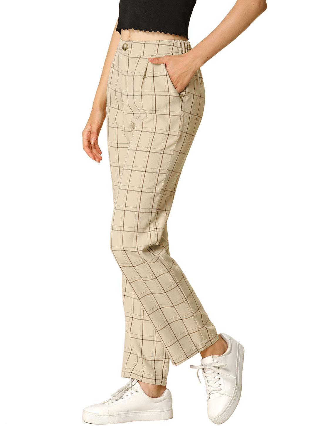 Photo 1 of S Allegra K Women's Plaid Trousers Pockets Straight Leg Pants Khaki