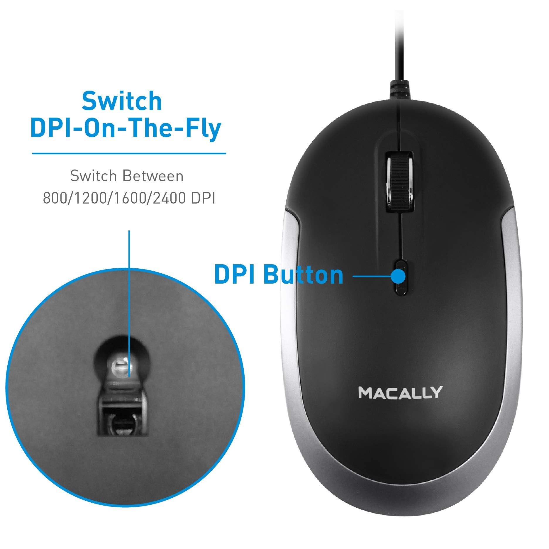 Macally Silent Wired Mouse - Slim & Compact USB Mouse for Apple Mac or Windows PC Laptop/Desktop - Designed with Optical Sensor & DPI Switch - Simple & Comfortable Wired Computer Mice (Space Gray)