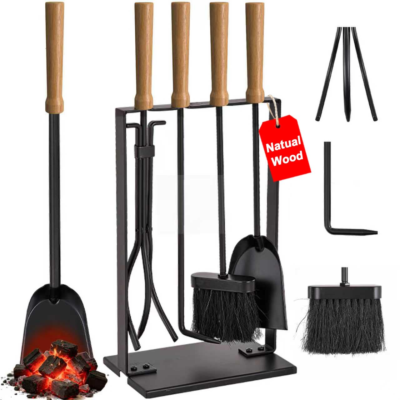 Amagabeli Garden Home 5 Pieces Fireside Companion Set Black Wrought Iron Fireplace Tools Sets Wood Burner Accessories Indoor Fire Pit Stand Tongs Shovel Brush Chimney Poker Wood Handle