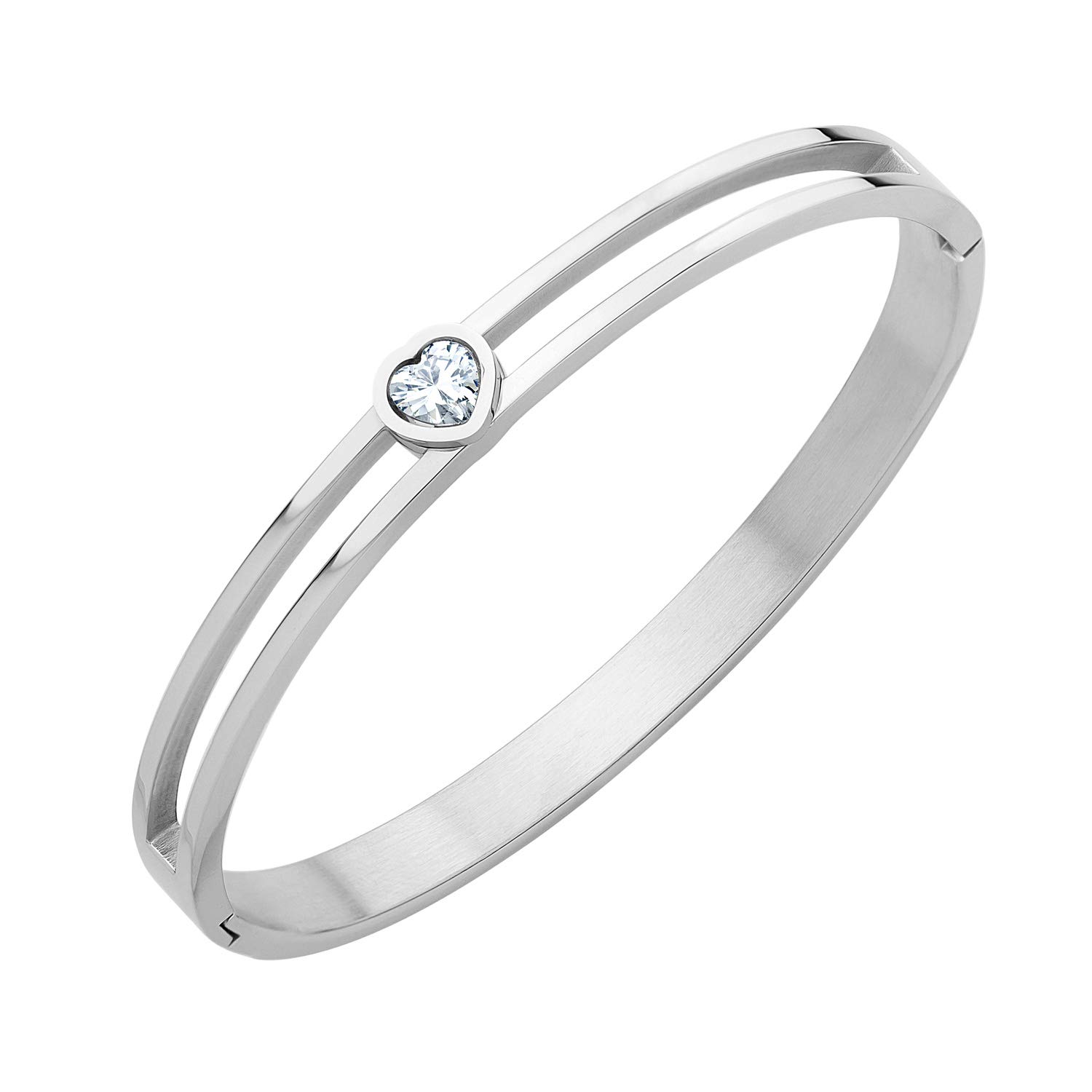 555Jewelry Stainless Steel Hinge Lock Heart Shape CZ Cuff Love Bracelet Bangle Bracelets for Women, Love Bracelets for Women - Silver