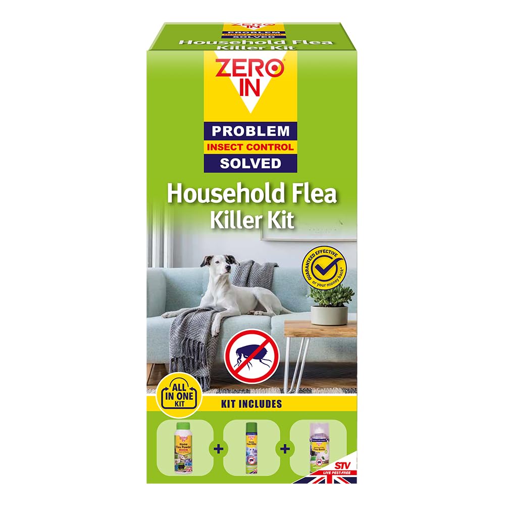 Zero In All-In-One Flea Killer Kit. Lasting Control, Prevent Reinfestations. Kills Fleas, Eggs & Larvae. Value Kit Includes Flea Powder - 300 g; Flea Killer – 300 ml; Natural Killer Flea Bomb – 150 ml