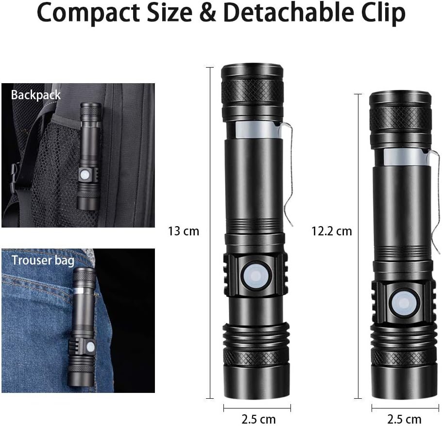 Rechargeable Flashlight, Flashlights High Lumens (Include 18650 battery), iToncs Pocket-Sized Led Flashlight with Clip, Water Resistant, Zoomable, 4 Modes for Hiking Camping Emergency 2 Pack - - 