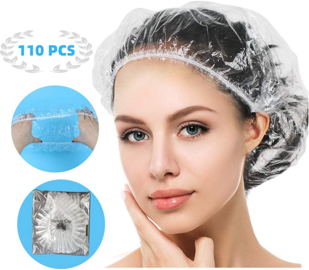 YIZIJIZI Disposable Shower Caps, 110Pcs Individually Packaged, Large&Thick Waterproof Shower Cap,Transparent Plastic Hair Processing Cap, Used in Home, Beauty Salon, Hotel,Food Service (white)